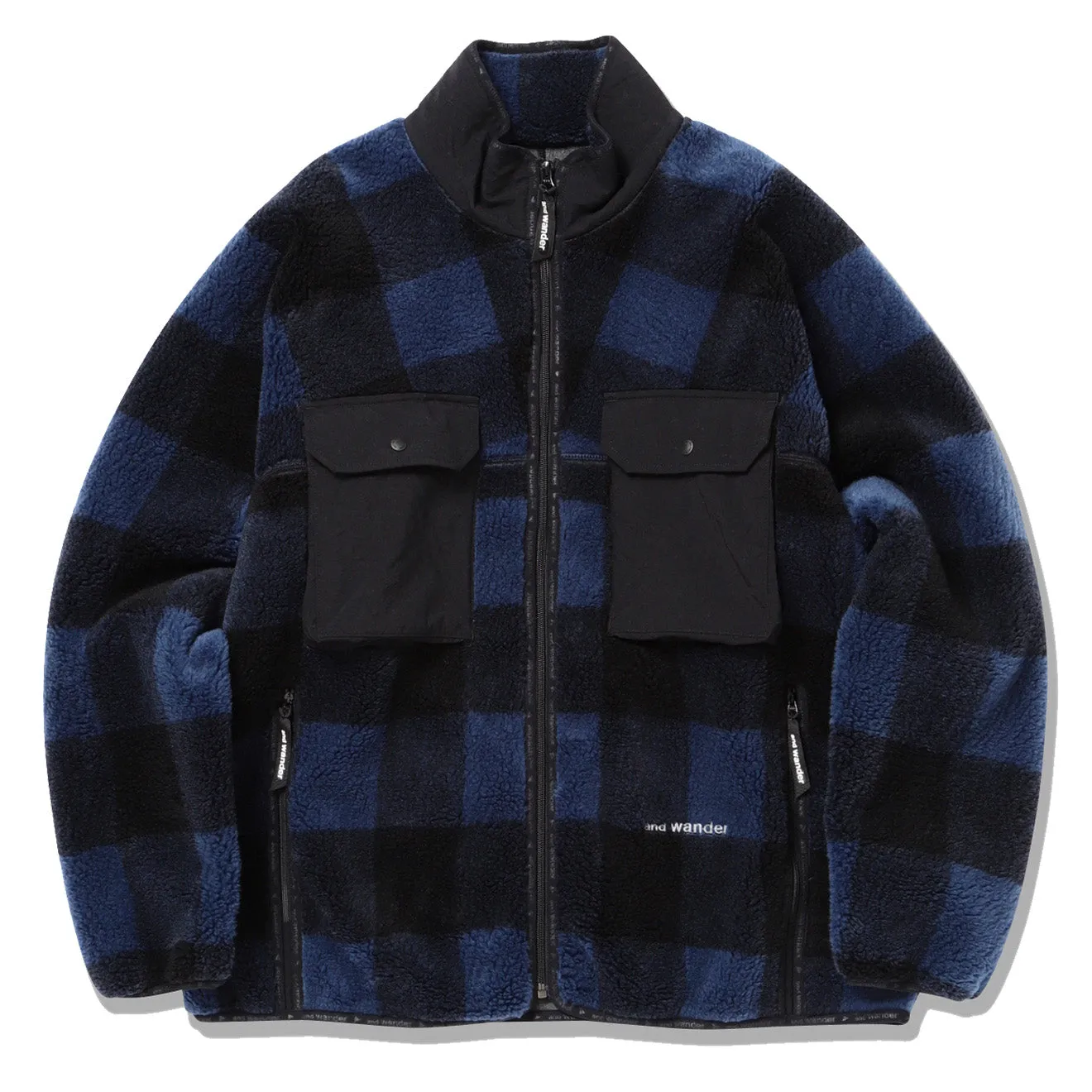 And Wander Check Boa Jacket Blau