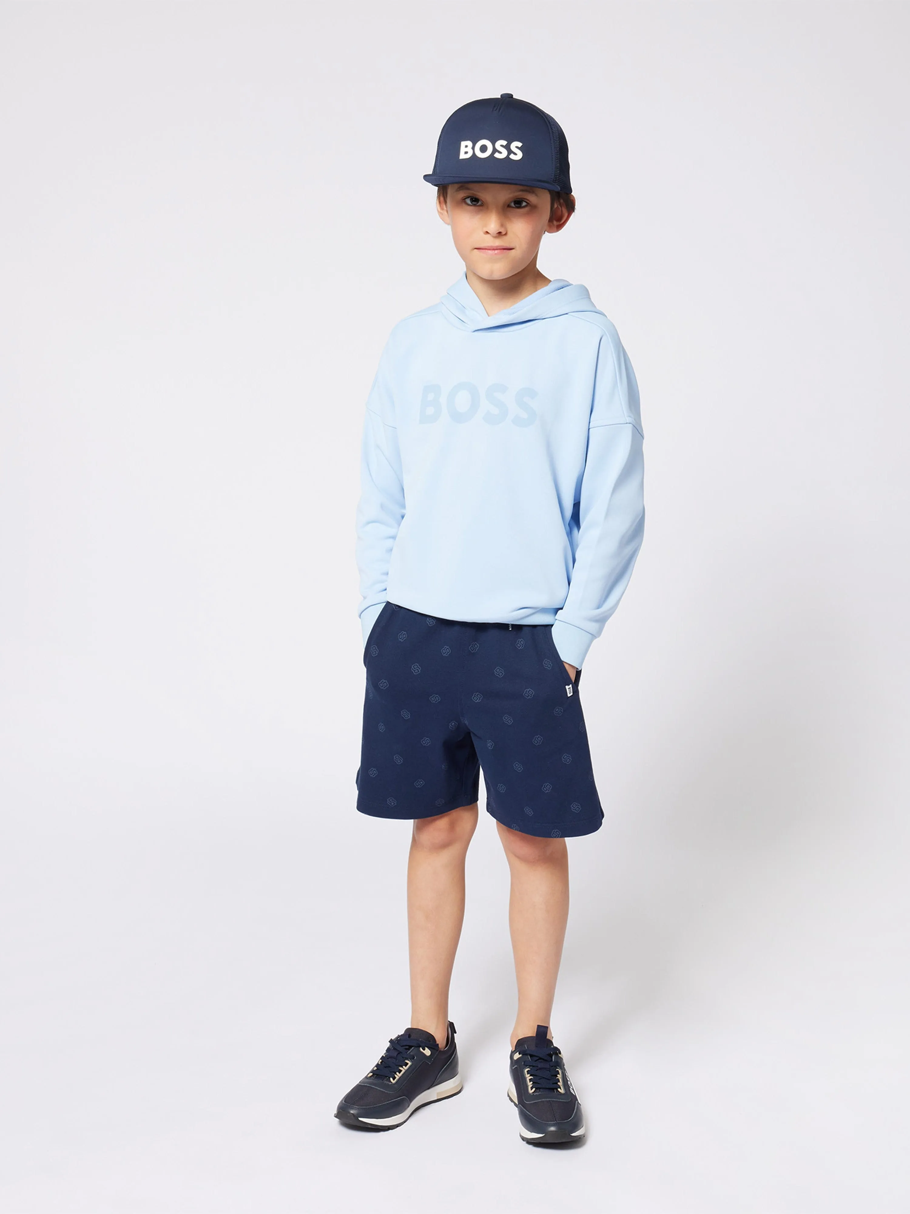 BOSS Boys Logo Print Hoodie in Blau