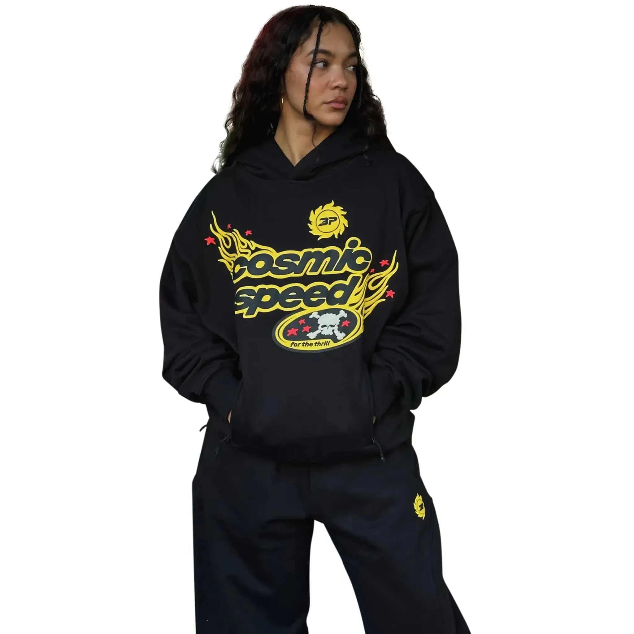 Broken Planet Cosmic Speed Mitternachtsschwarze Kapuzenpullover Broken Planet Kleidung