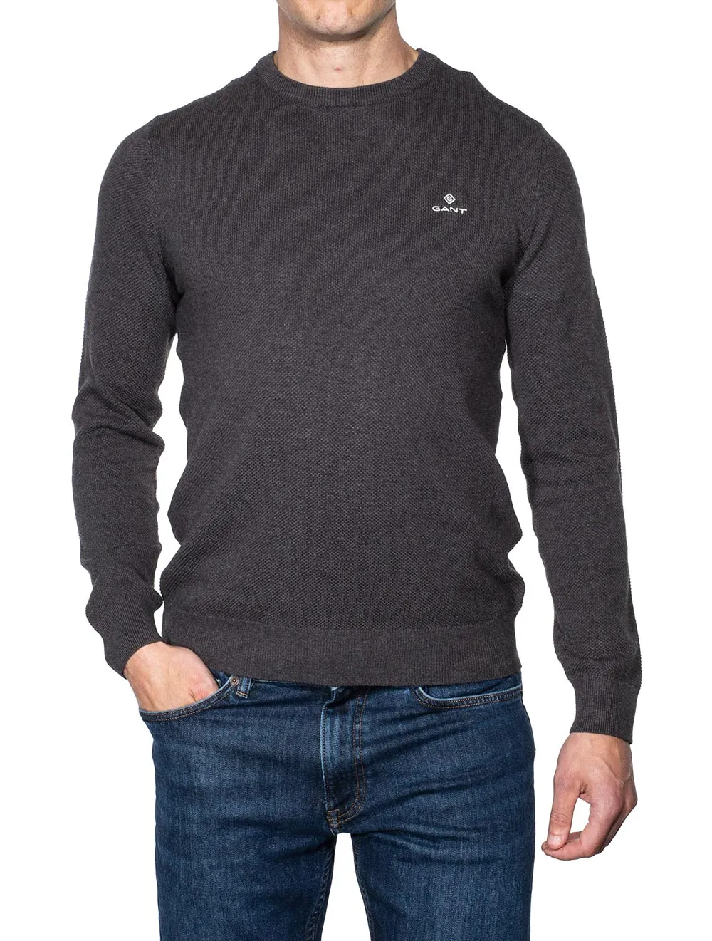 Baumwoll-Piqué Pullover mit Rundhalsausschnitt in Anthrazit Melange