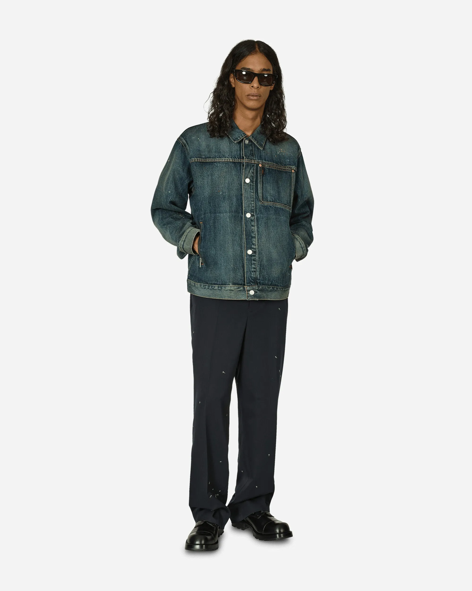 Kreuzstick-Distressed-Denimjacke Hellblau Indigo