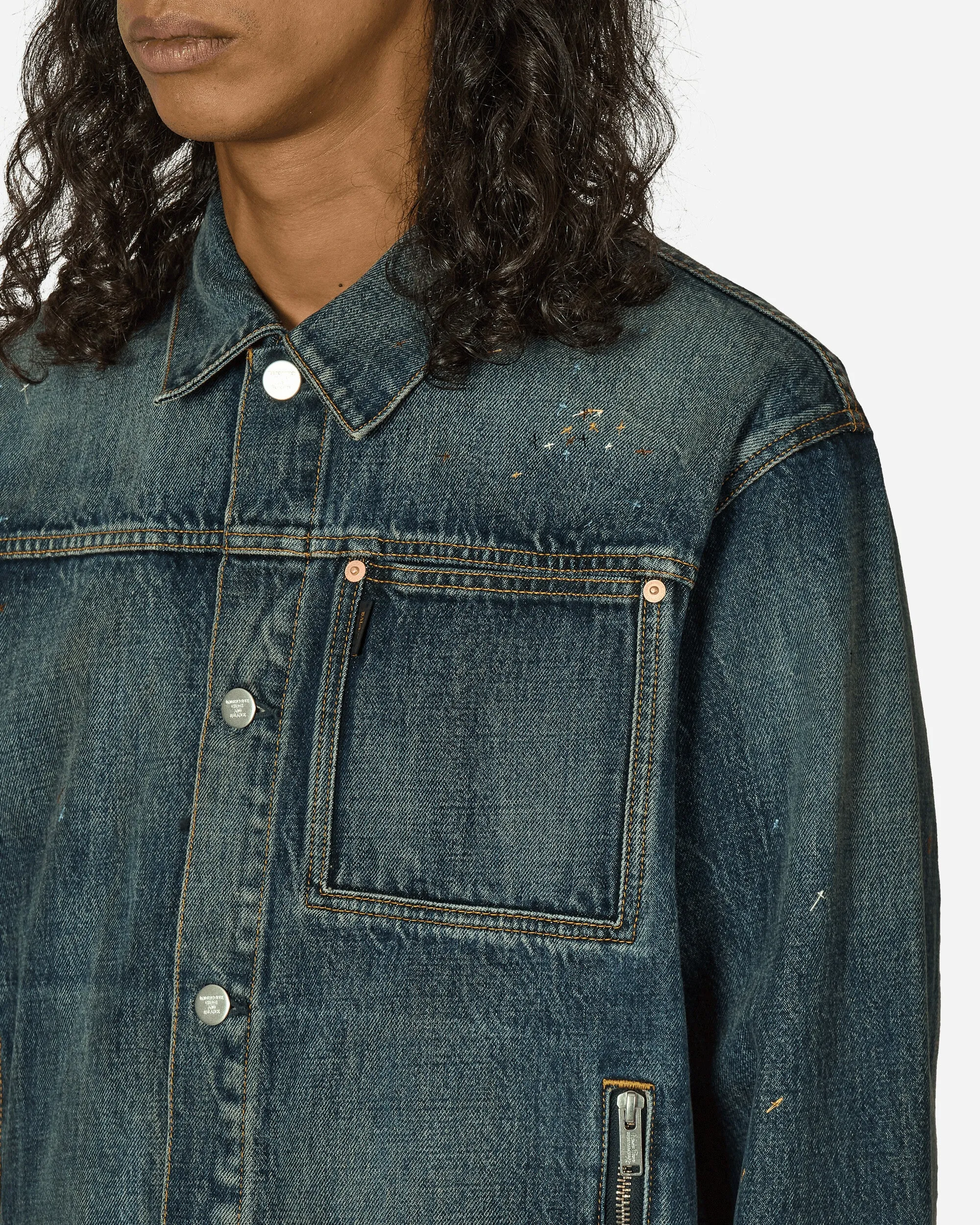 Kreuzstick-Distressed-Denimjacke Hellblau Indigo