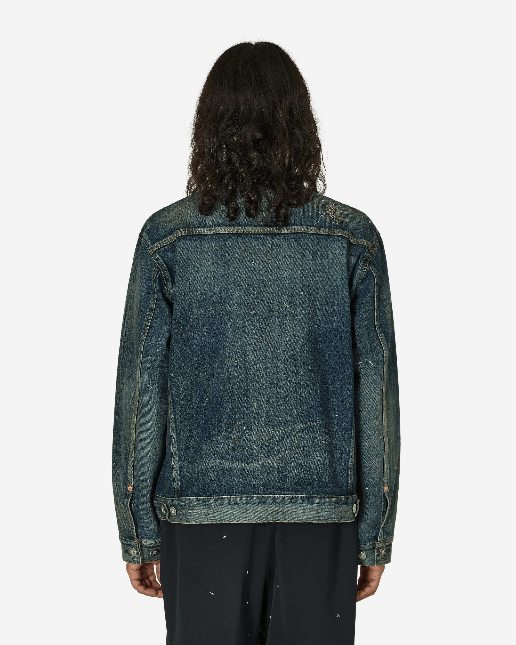 Kreuzstick-Distressed-Denimjacke Hellblau Indigo