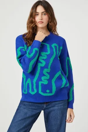 Forever 21 Strickpullover für Damen mit Dinosaurier-Abstract-Muster in Blau/Mehrfarbig Forever 21