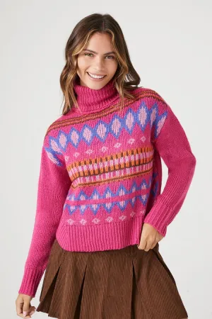 Forever 21 Strick-Rollkragenpullover für Damen mit geometrischem Muster Rosa/Mehrfarbig Forever 21