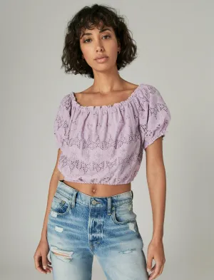 Lucky Brand Schulterfreies Spitzen Crop Top in Hellorchidee Lucky Brand