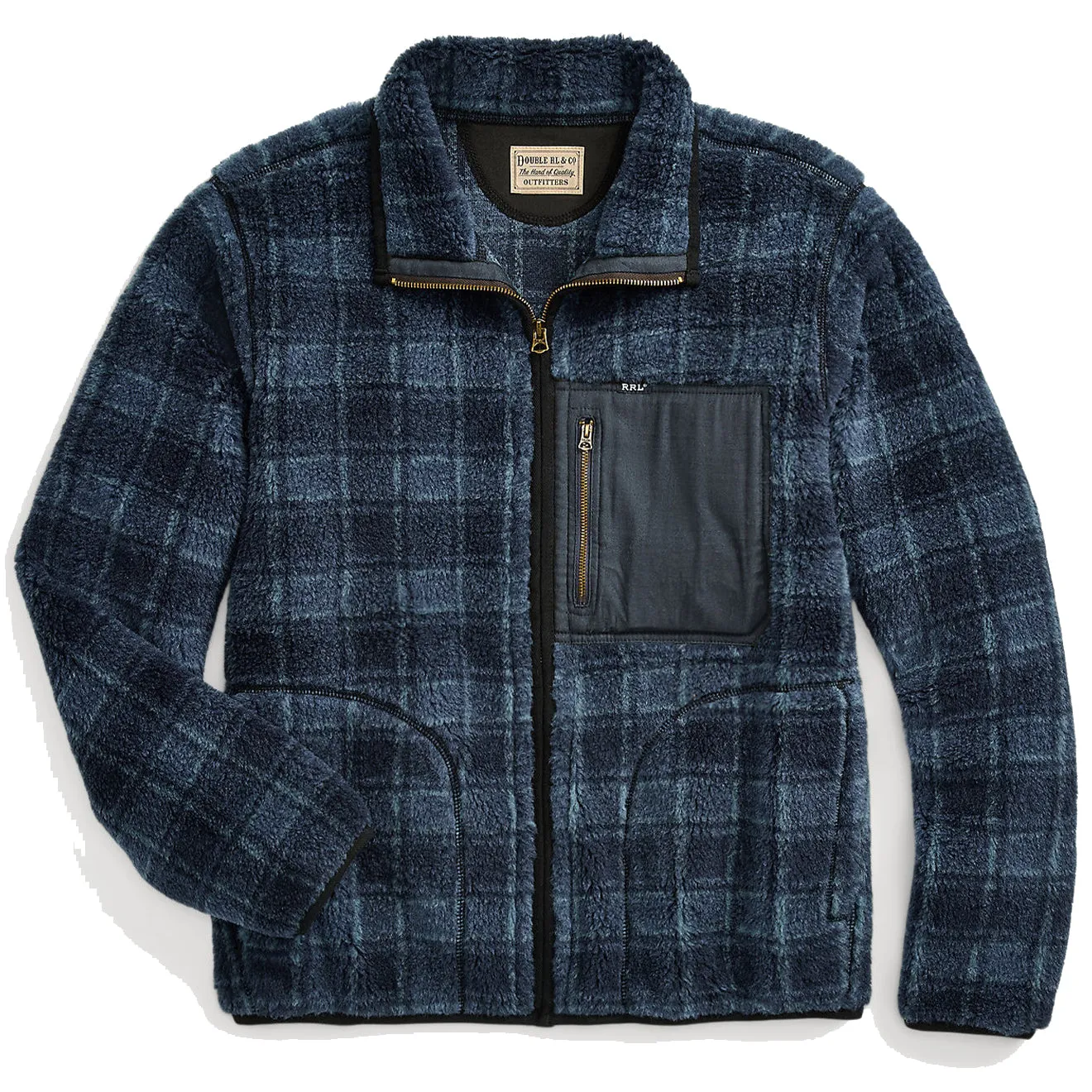 RRL von Ralph Lauren Karo-Wollmischung-Pile-Fleece-Jacke Marineblau Karo