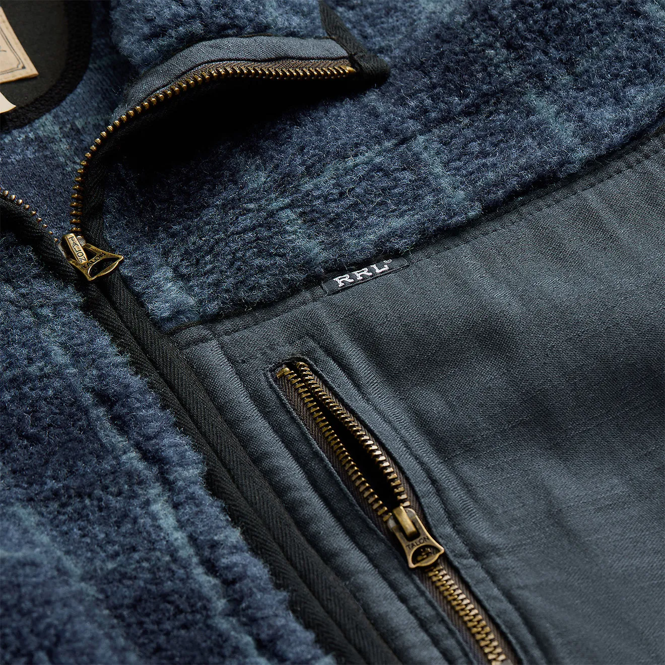 RRL von Ralph Lauren Karo-Wollmischung-Pile-Fleece-Jacke Marineblau Karo
