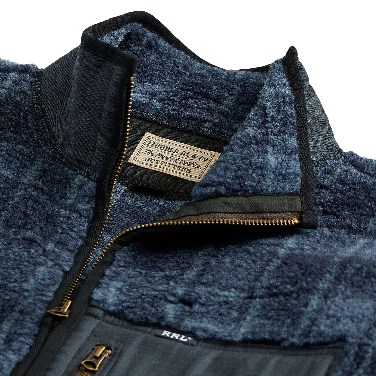 RRL von Ralph Lauren Karo-Wollmischung-Pile-Fleece-Jacke Marineblau Karo