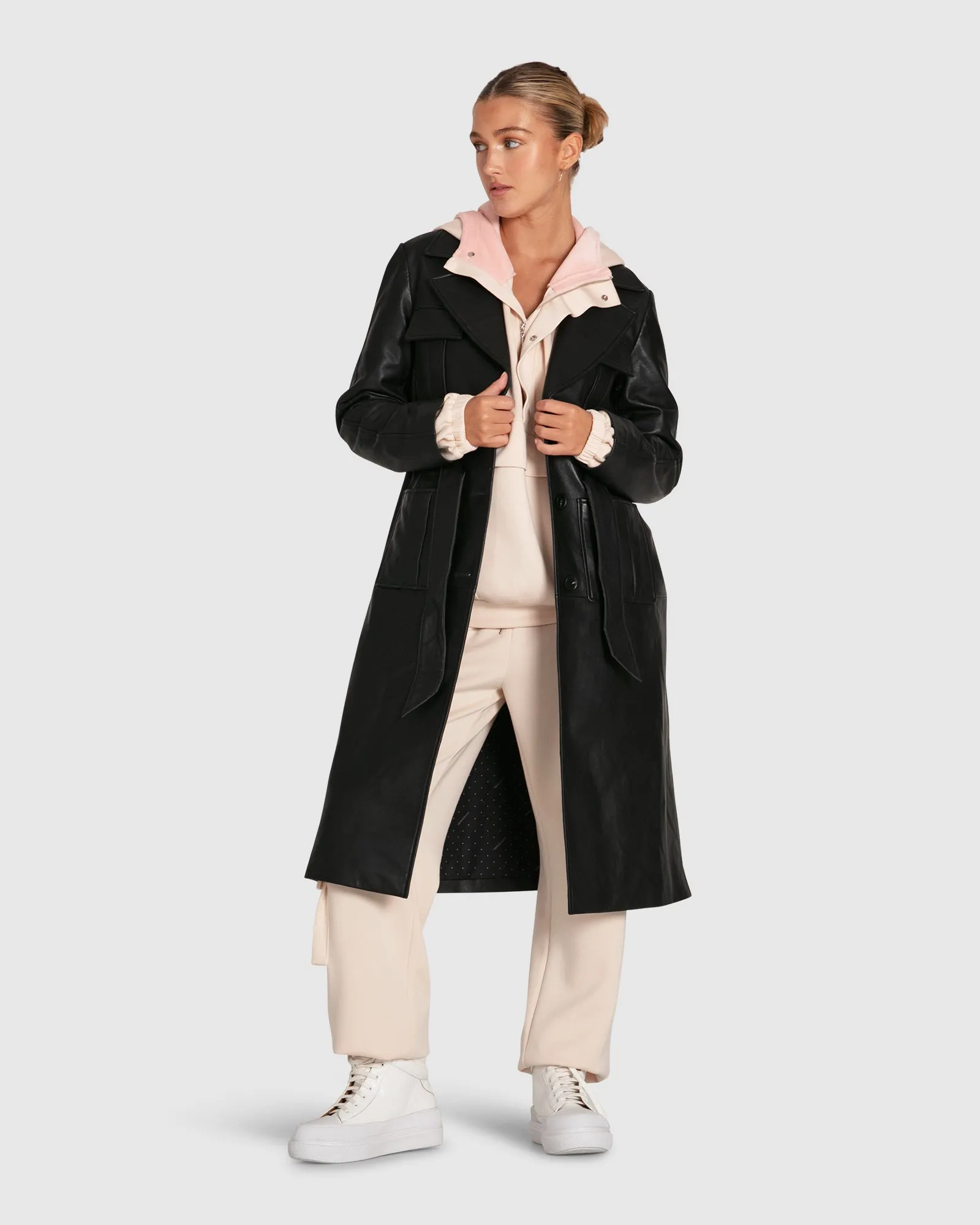 Unaufhaltsamer Leder-Trenchcoat - Schwarz