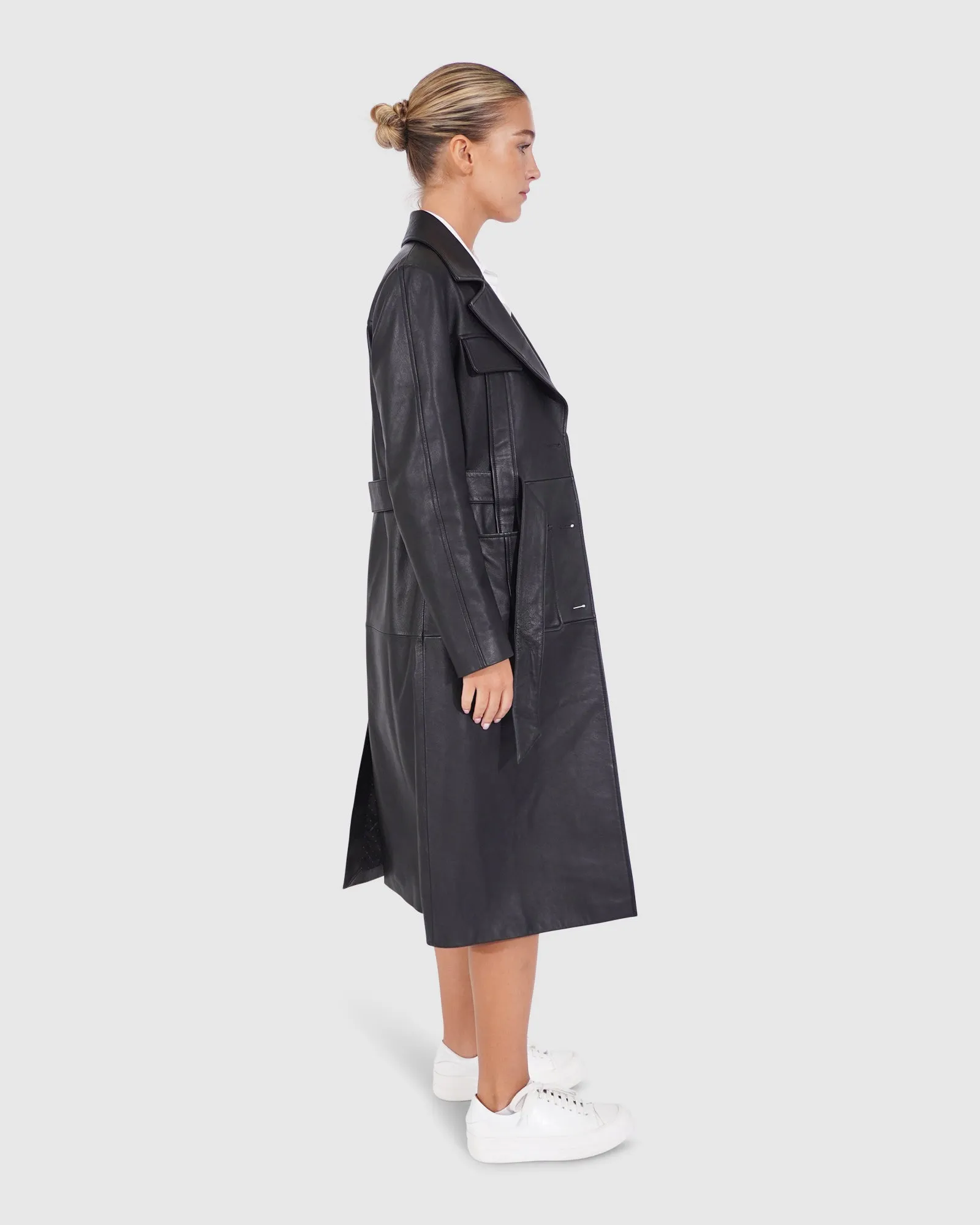 Unaufhaltsamer Leder-Trenchcoat - Schwarz