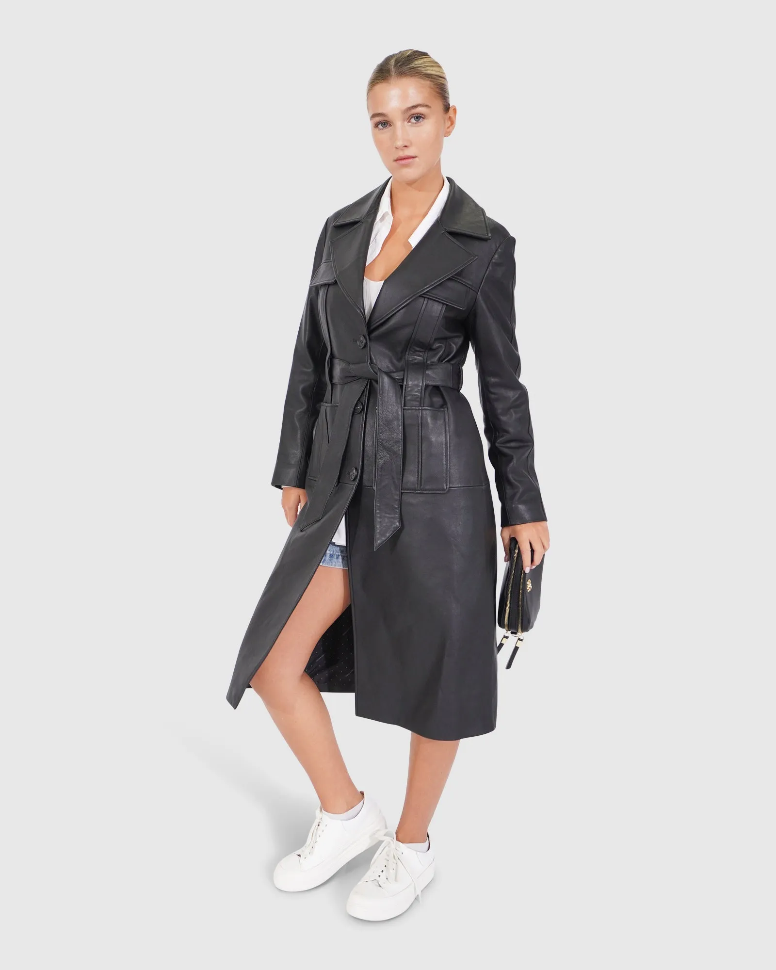 Unaufhaltsamer Leder-Trenchcoat - Schwarz